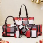 Women's Christmas Plaid Handbag Set, Multi-color Faux