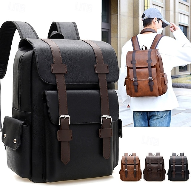 bpzvah1752827997864 Men's Vintage Faux Leather Backpack with Buckle Straps, - Image 1