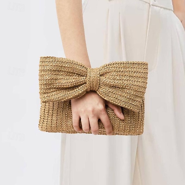 cgrbpy1713866171993 Women's Boho Chic Straw Clutch with Large Bow Detail - - Image 1