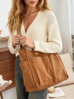 Women's Corduroy Tote Bag with Multiple Pockets, Casual - Image 2