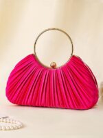 Green Elegant Pleated Velvet Clutch with Gold Ring Handle - - Image 11