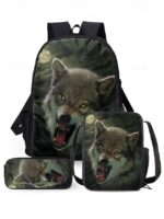 Men's 3-Piece Wolf Design Backpack Set - Durable, Trendy