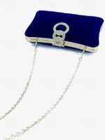 Women's Elegant Blue Velvet Clutch Bag with Rhinestone Ring - Image 5