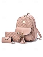 Women's Quilted Pink Leather Backpack Wristlet Card Holder - Image 12