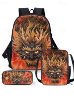 Men's 3-Piece Dragon Backpack Set with Flame Print - - Image 20