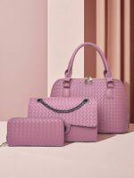 Women's 3-Piece Brown Woven Faux Leather Handbag Set –