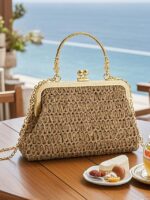 Women's Vintage Woven Straw Handbag – Elegant Kiss Lock