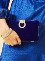 Women's Elegant Blue Velvet Clutch Bag with Rhinestone Ring - Image 8