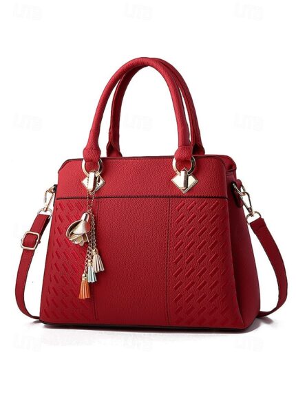 30Pcs Women's Faux Leather Handbag with Tassel Charm and Textured