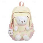 Girls' Yellow and Pink School Backpack with Plush Teddy