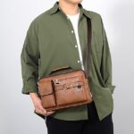 Men's Brown Faux Leather Messenger Bag with Multiple - Image 10