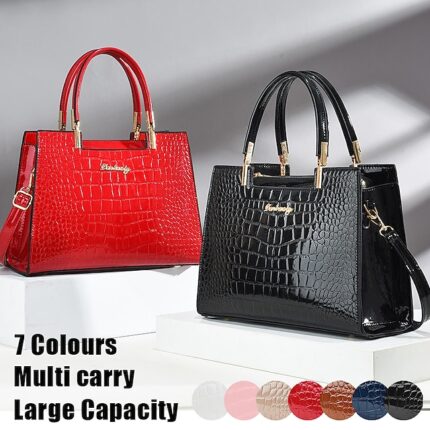 Women's Black Crocodile Pattern Leather Handbag | Elegant