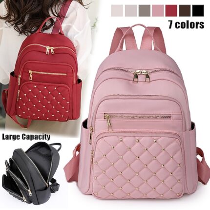 Women's Beige Quilted Backpack with Gold Studs – Stylish