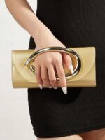 Women's Metallic Evening Clutch Bag with Gold Handle,