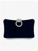 Women's Elegant Blue Velvet Clutch Bag with Rhinestone Ring - Image 11